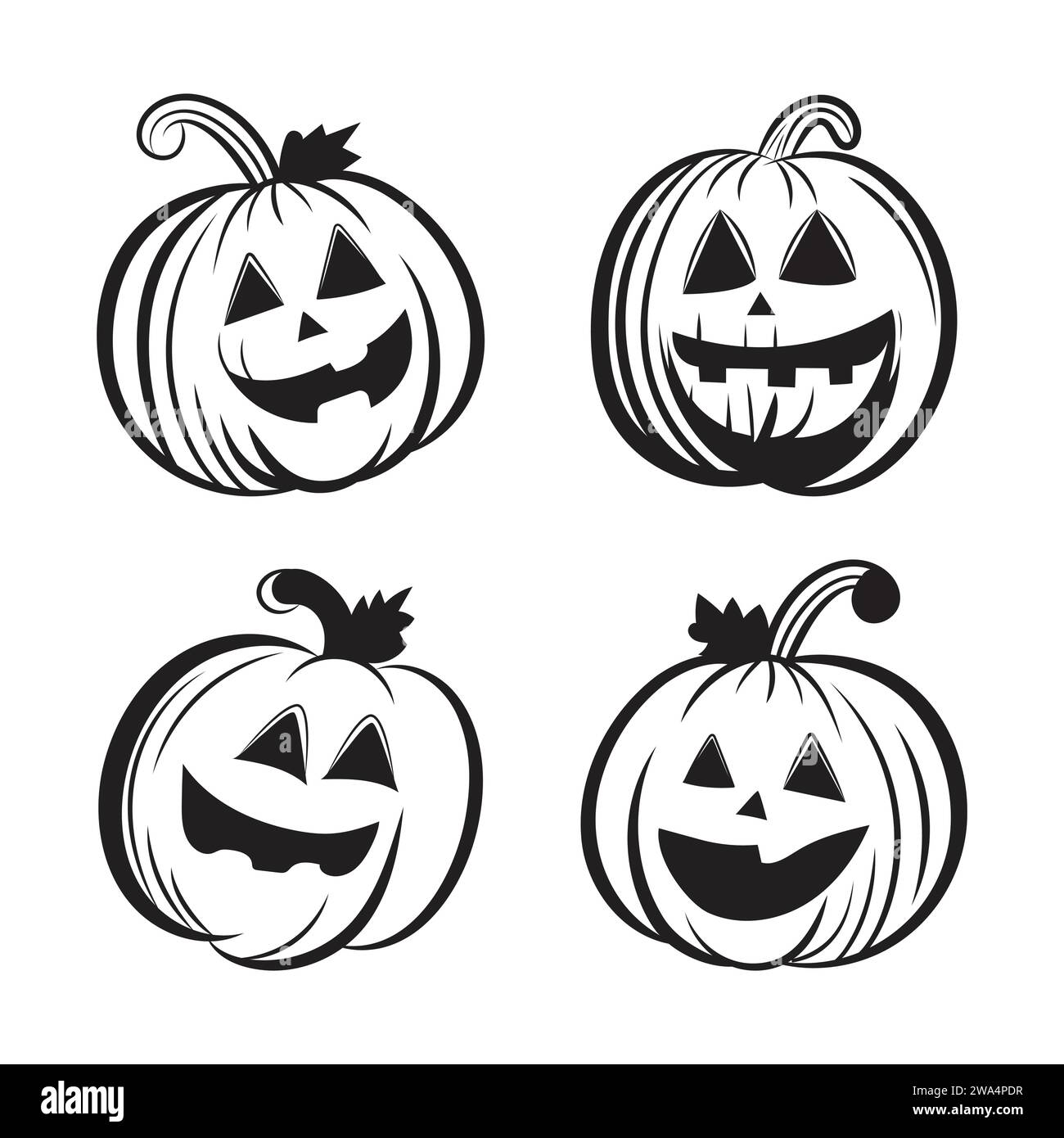 Jack o Laterne Halloween Kürbis Umriss Vektor-Design Set von vier isoliert auf weißem Hintergrund Stock Vektor