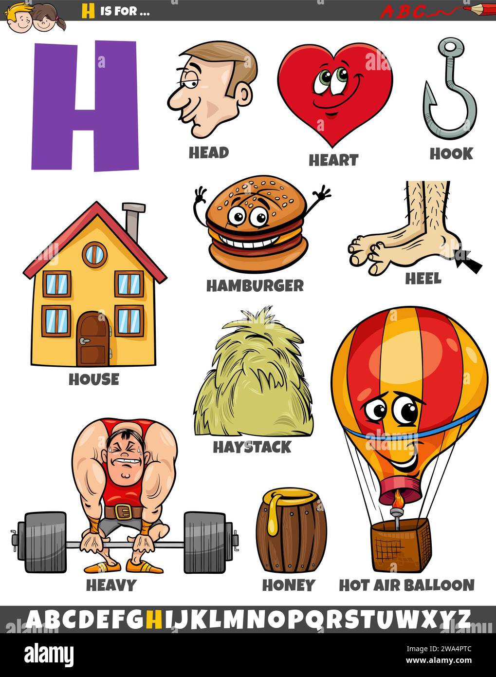 Zeichentrickdarstellung von Objekten und Zeichen für den Buchstaben H Stock Vektor