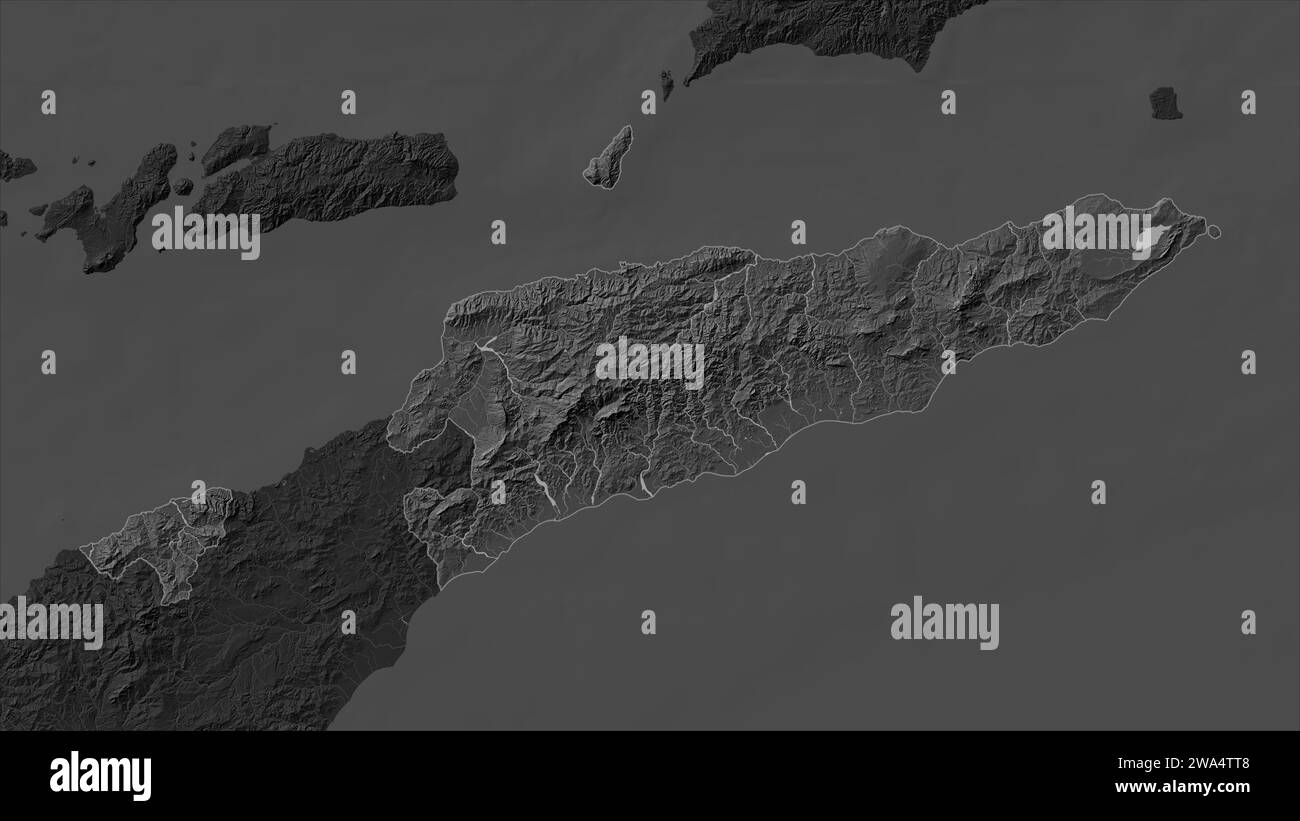 Timor Leste wird auf einer Bilevel-Höhenkarte mit Seen und Flüssen hervorgehoben Stockfoto