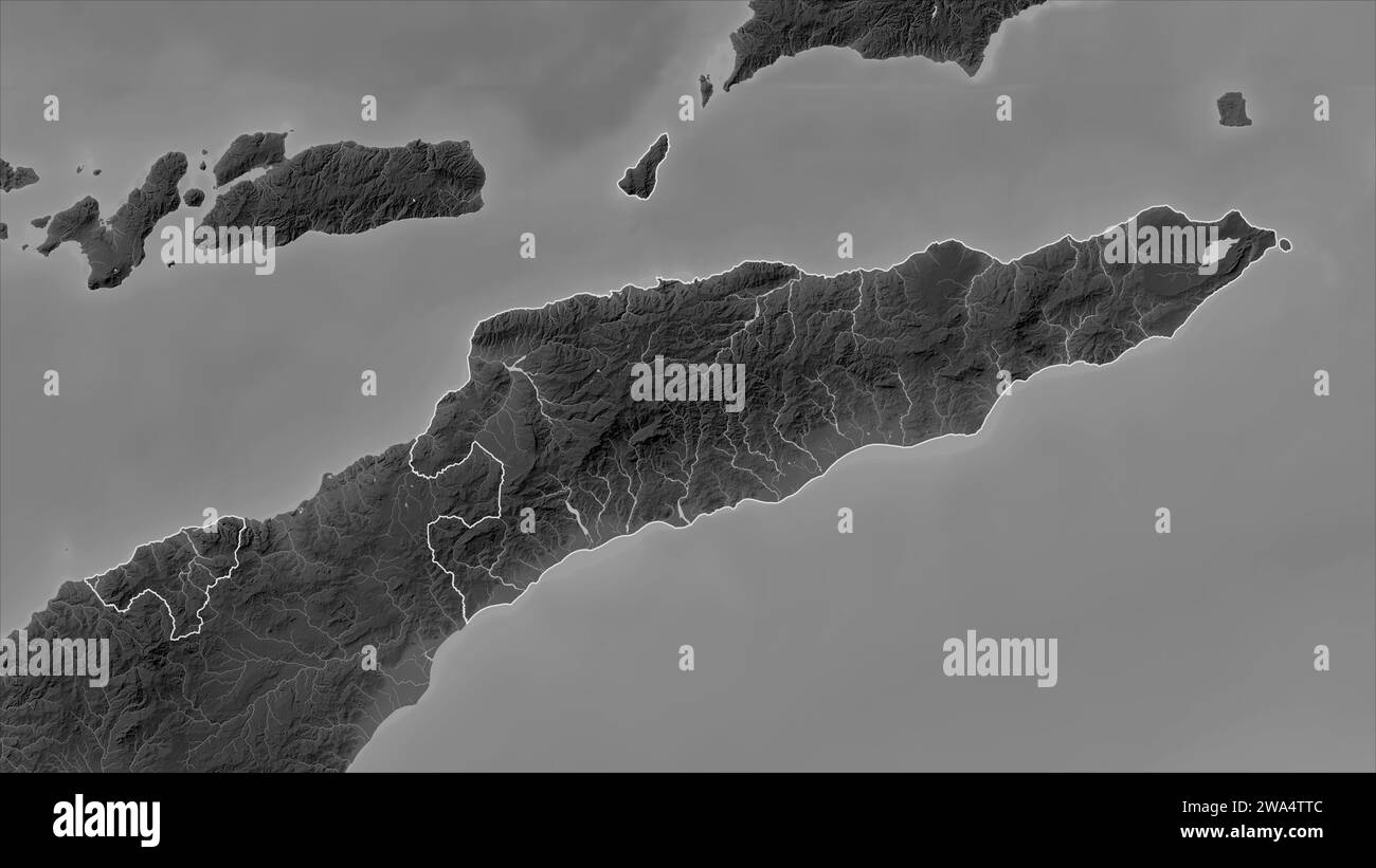 Timor Leste umreißt auf einer grauen Höhenkarte mit Seen und Flüssen Stockfoto