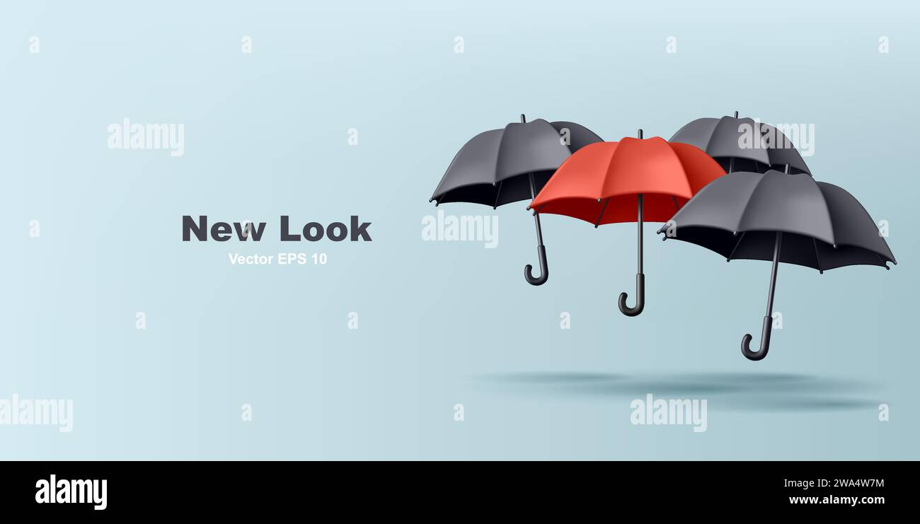 Realistischer Regenschirm 3D-Darstellung von roten und schwarzen Regenschirmen, modischer neuer Look Stock Vektor