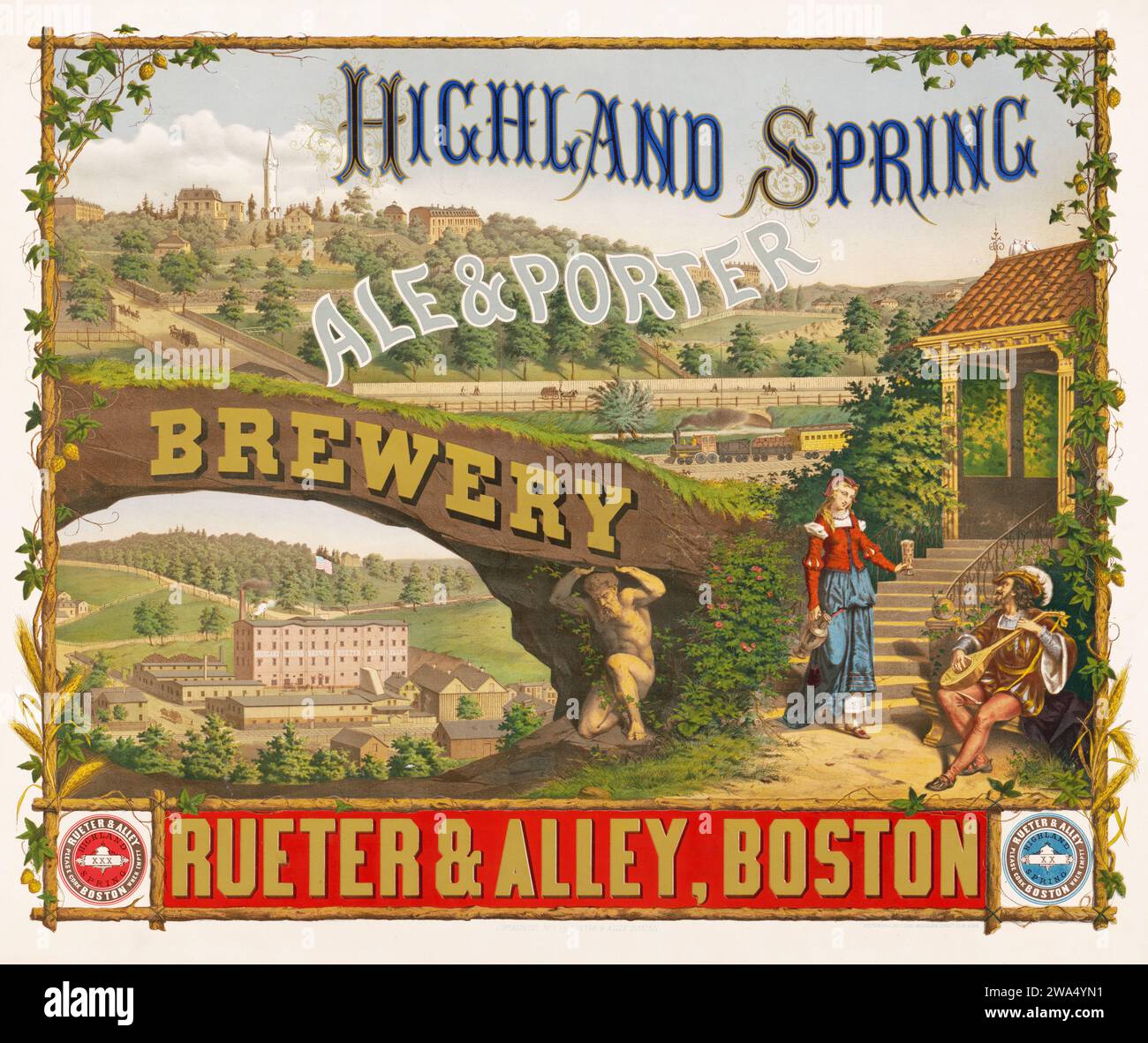 Highland Spring, Ale & Porter Brewery - Rueter & Alley, Boston - Plakat für antike Biere, 1876 Stockfoto
