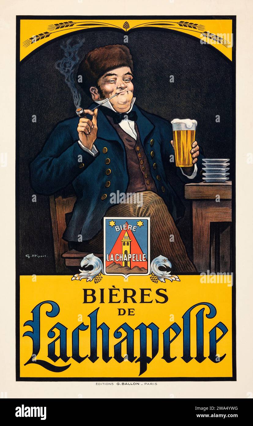 Werbung für Vintage-Bier - Bieres de Lachapelle (ca. 1920er Jahre) französisches Werbeplakat - G. Ripart Artwork - Mann, der Bier raucht und trinkt. Stockfoto