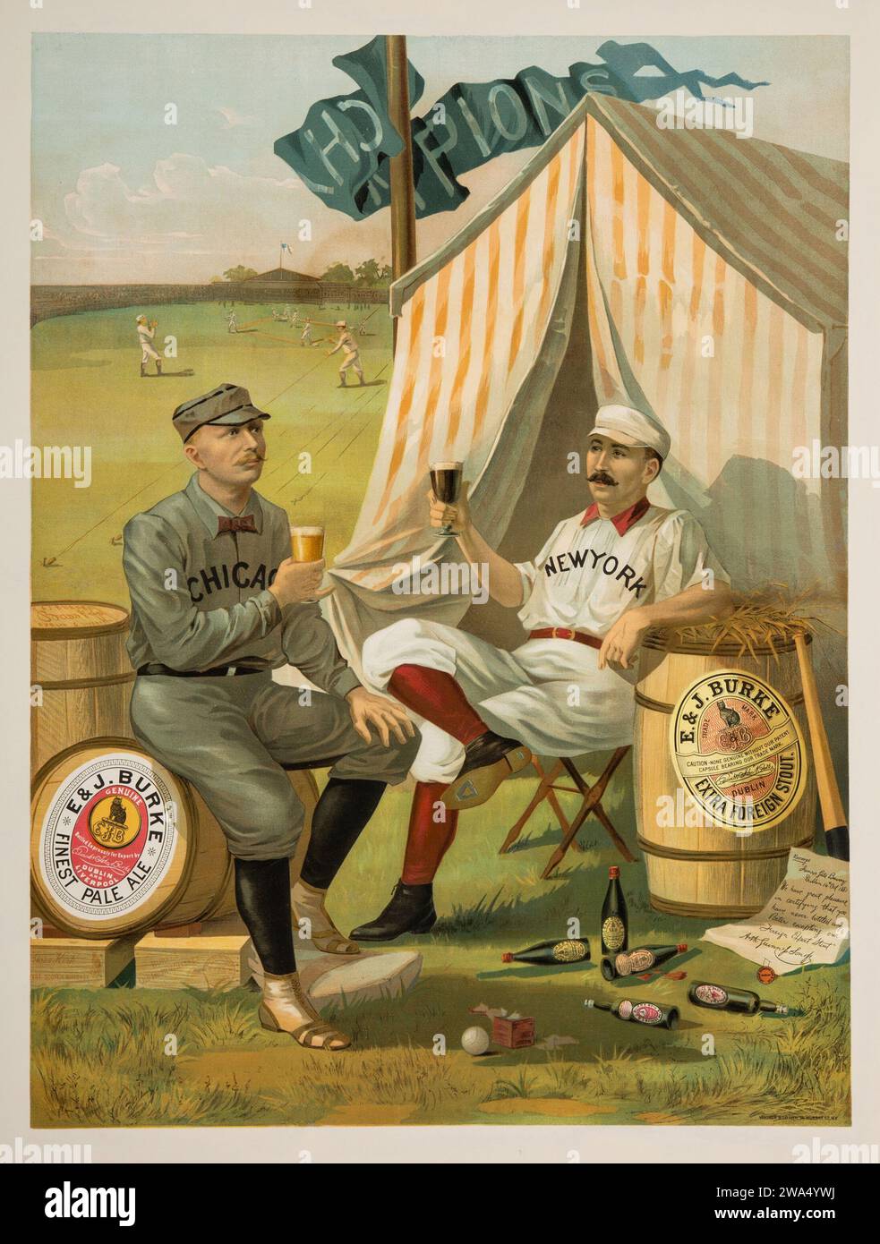 1889 Cap Anson und Buck Ewing „Burke Ale“ – Finest Pale Ale, Beer Advertising Poster, das zwei Baseballspieler anbietet Stockfoto