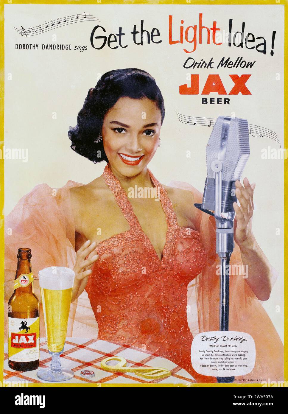 Dorothy Dandridge Werbeplakat (Jackson Brewing, 1950er). Poster „Drink Mellow Jax Beer“. Amerikanische Werbung. Stockfoto