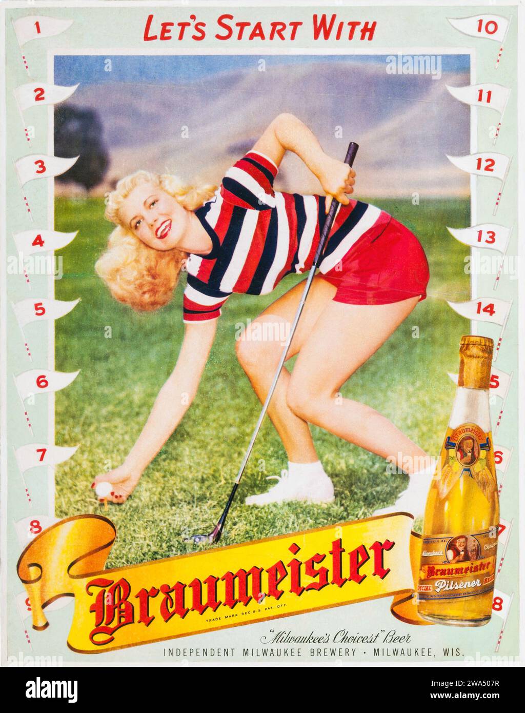 1940er Jahre Golf Pin-Up Werbetafel. Beginnen wir mit Braumeister Pilsener, Milwaukee Brewery, Wisconsin. Frau, die Golf spielt. Stockfoto