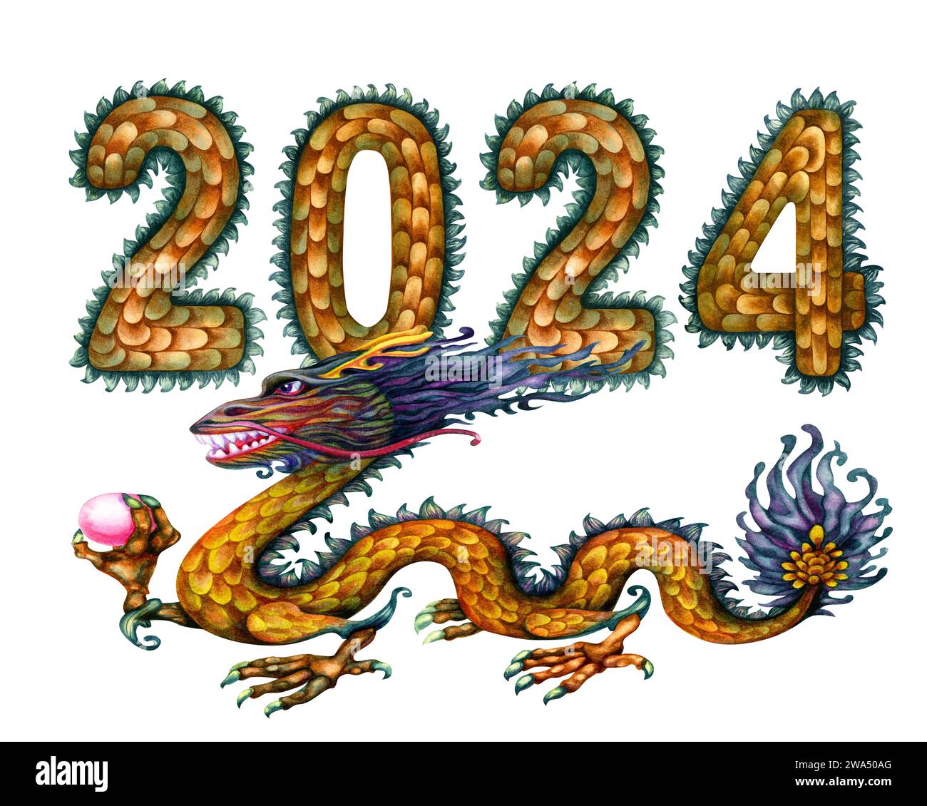 Aquarellgrüner hölzerner Drache mit magischen Perlen und Zahlen 2024 handgezeichnet mit Drachenschuppen Textur. Illustrationselemente des Symbols zum Neujahrsfest Stockfoto