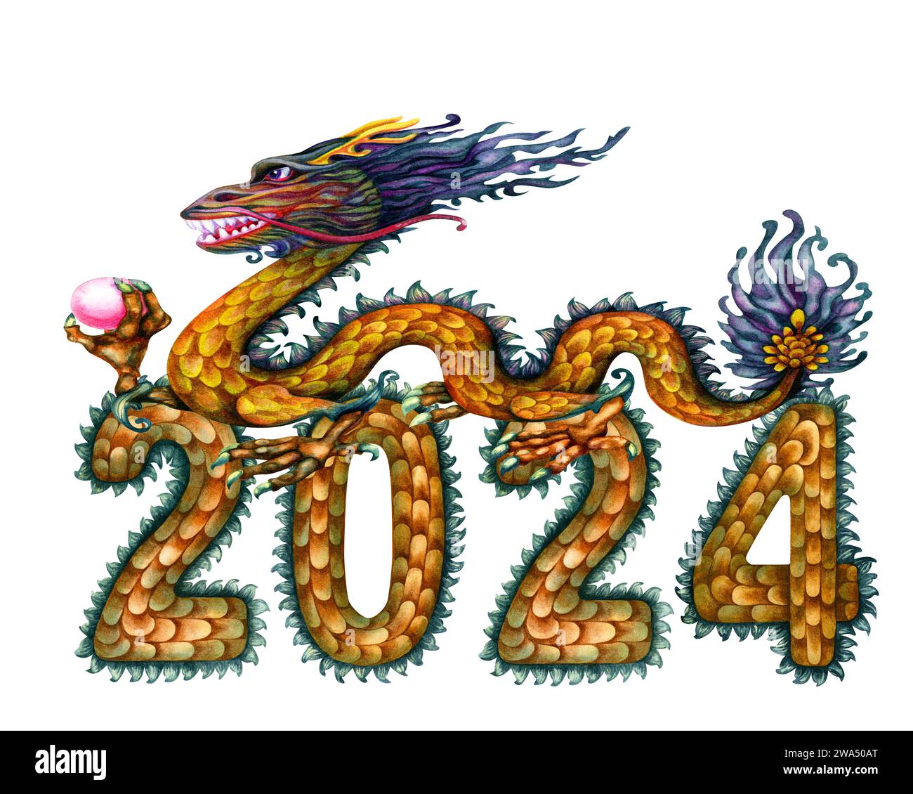 Aquarellgrüner hölzerner Drache mit magischen Perlen und Zahlen 2024 handgezeichnet mit Drachenschuppen Textur. Illustrationselemente des Symbols zum Neujahrsfest Stockfoto