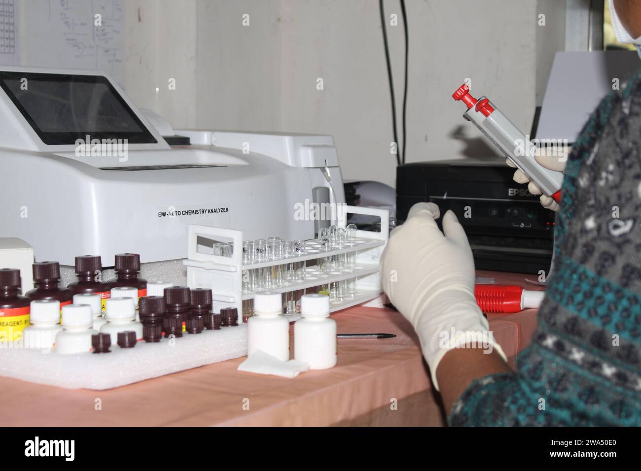 Die Pathologin bearbeitet Proben im Pathologielabor zur Analyse. Medizinisches Diagnosekonzept. Medizinisches Konzept. Indien Stockfoto