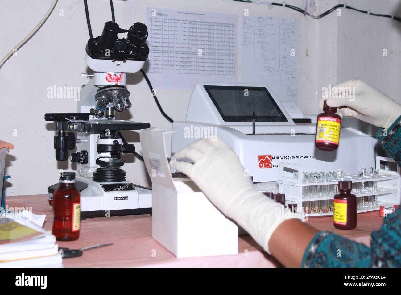 Die Pathologin bearbeitet Proben im Pathologielabor zur Analyse. Medizinisches Diagnosekonzept. Medizinisches Konzept. Indien Stockfoto