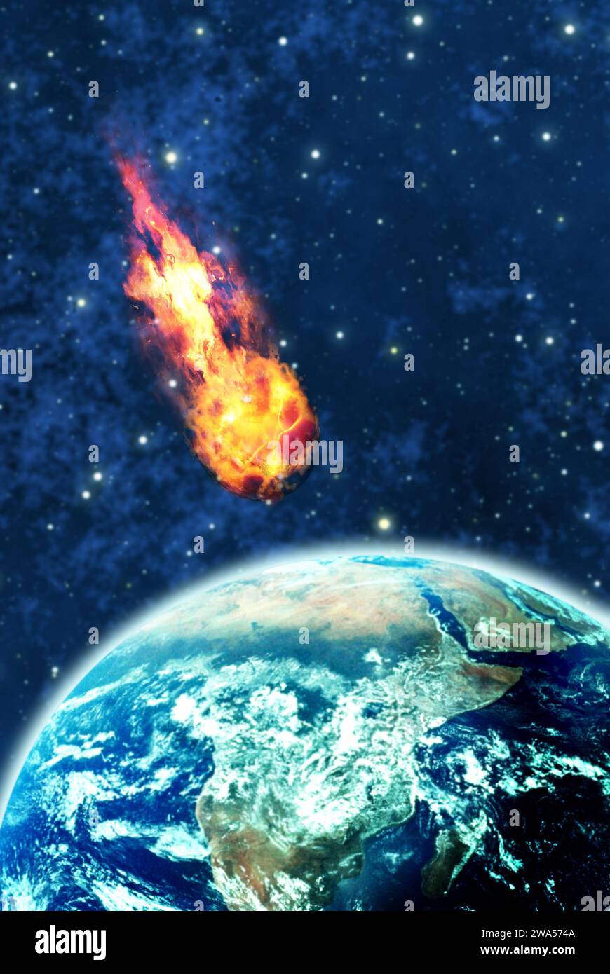 Meteorit nähert sich dem Planeten Erde, Armageddon-Konzept Stockfoto