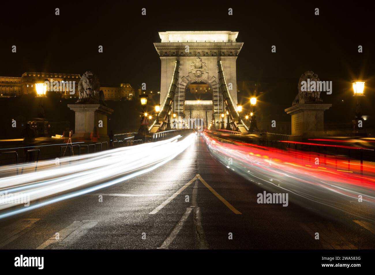 Ungarn, Budapest, Blick auf die Kettenbrücke bei Nacht. Stockfoto