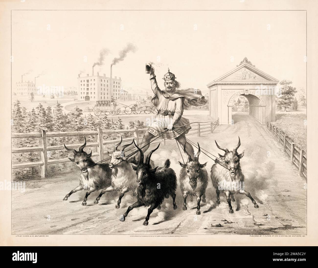 Gambrinus Reiten auf einer Ziegenherde, 1877 - Baltimore - Bierwerbung Poster, schwarz-weiß Zeichnung - Werbung für Bock Bier Stockfoto