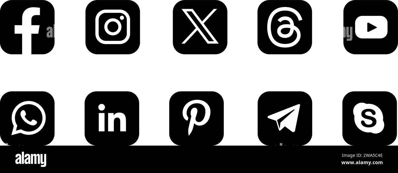 Symbol für soziale Medien 2024. X, Threads, Facebook, Instagram, YouTube, LinkedIn, Pinterest, WhatsApp, Telegramm Stock Vektor