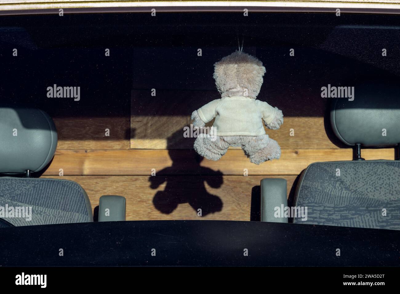 Teddybär hängt an der Windschutzscheibe eines Lieferwagens Stockfoto