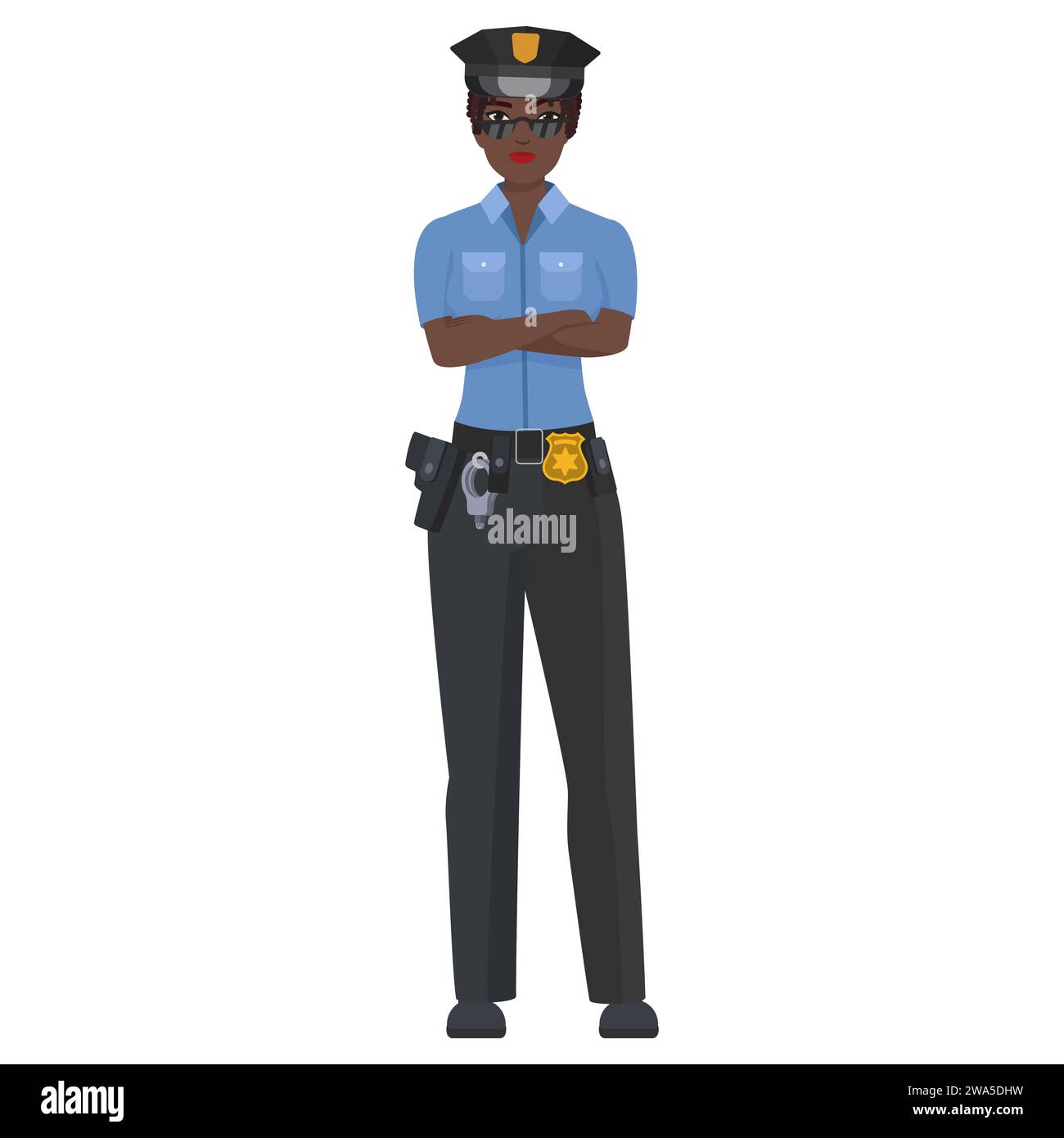 Schwarze Polizistin mit gekreuzten Armen. Selbstbewusste weibliche Polizistin Cartoon-Vektor-Illustration Stock Vektor