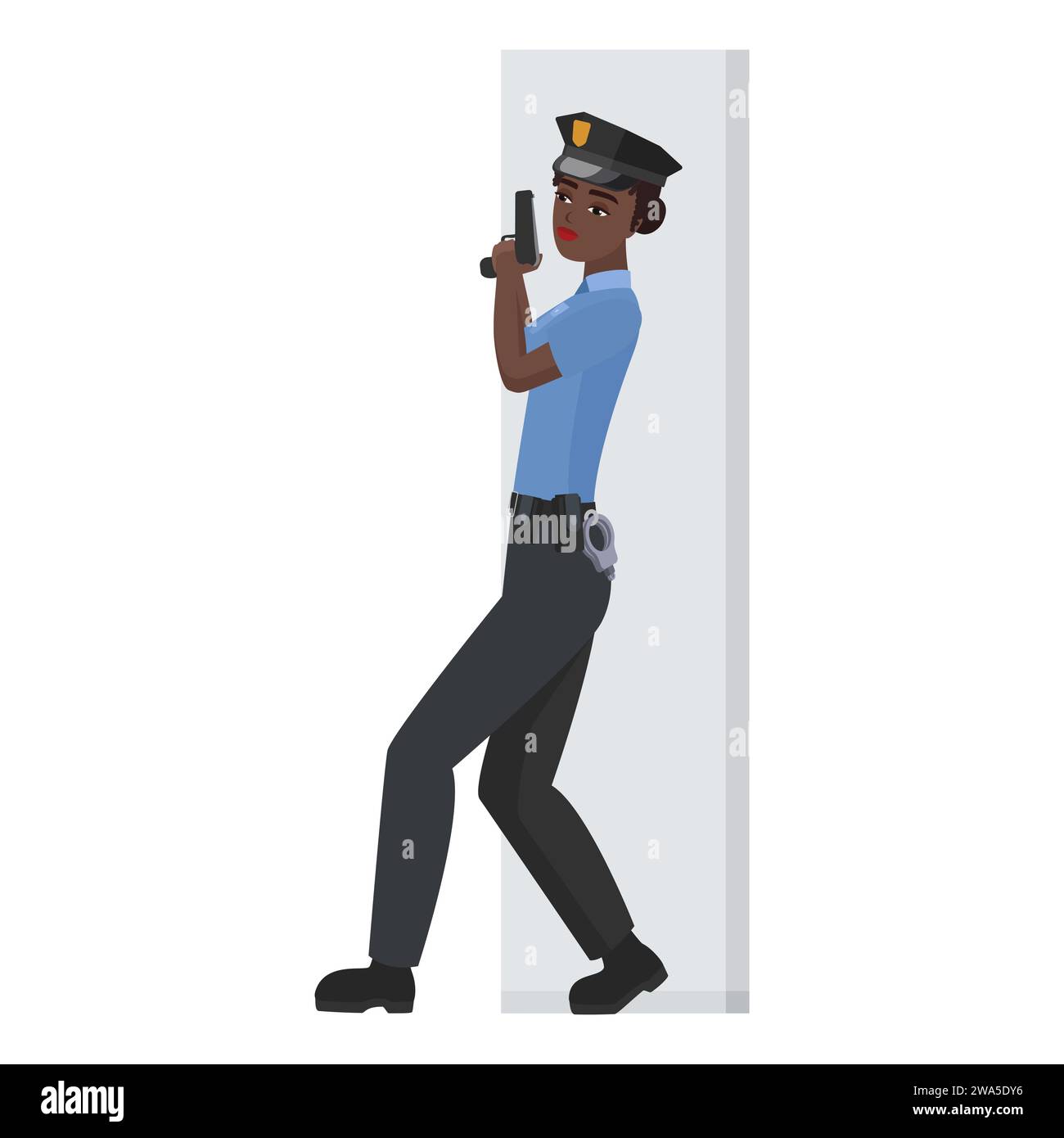 Schwarze Polizistin in versteckter Position. Afrikanischer Polizist jagt kriminelle Cartoon-Vektor-Illustration Stock Vektor