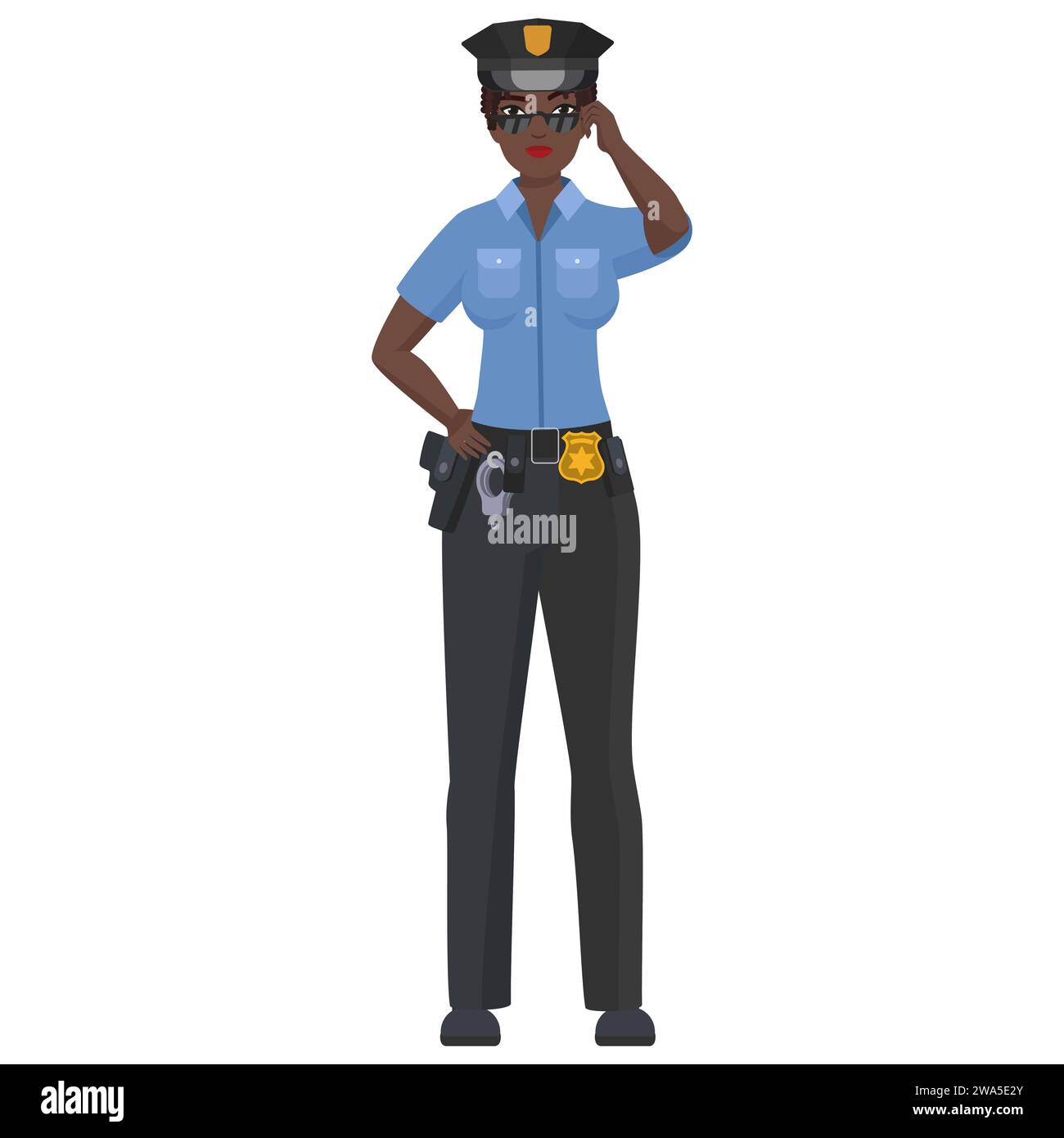 Schwarze Polizistin mit Sonnenbrille. Coole weibliche Polizeibeamte Cartoon Vektor Illustration Stock Vektor