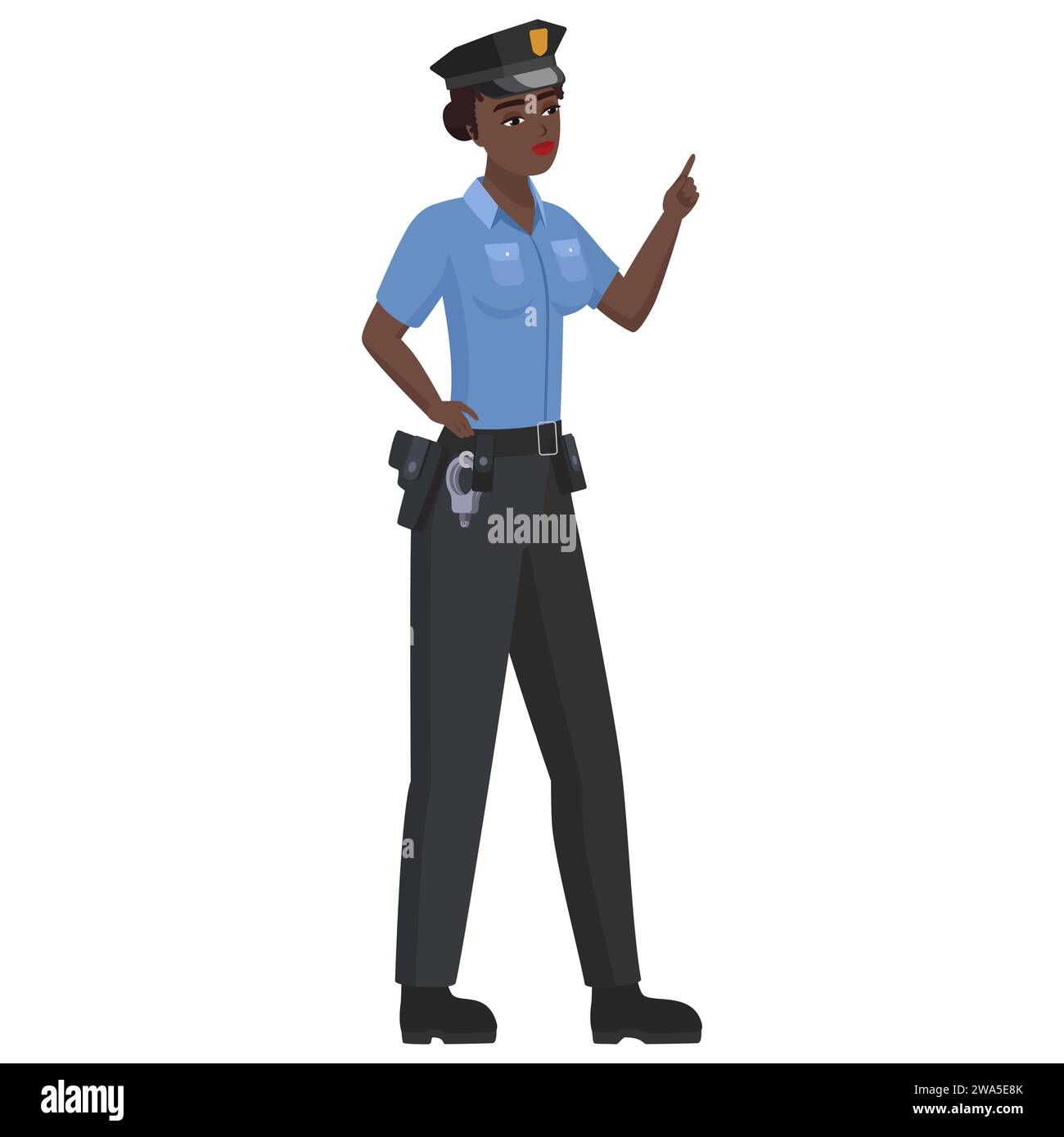 Schwarze Polizistin mit Zeigefinger. Zeigeweibliche Polizistin Cartoon-Vektor-Illustration Stock Vektor
