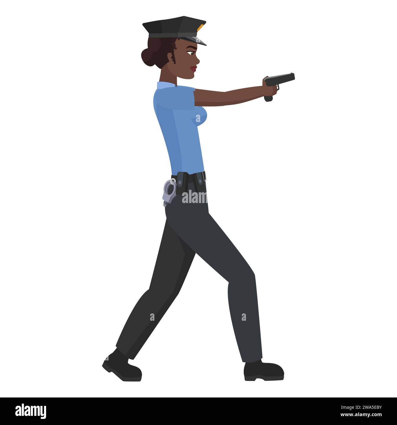 Schwarze Polizistin mit Pistole. Afrikanischer Offizier mit Waffen-Cartoon-Vektor-Illustration Stock Vektor
