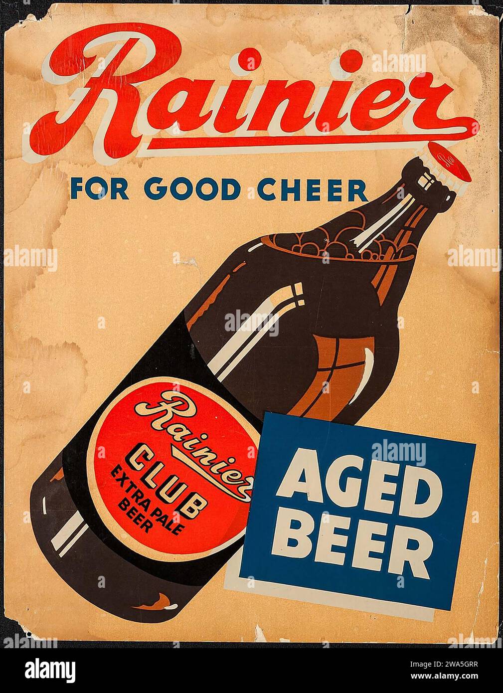 Rainier, Aged Beer, Extra Pale Beer, Vintage Advertising Beer Poster, 1930er Jahre Stockfoto