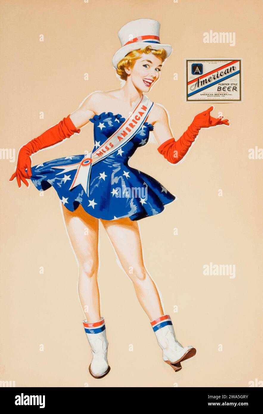 Werbung für American Brewery, Inc. Miss American, American Pilsener Style Bier - Bierwerbung - unbekannter Künstler Stockfoto