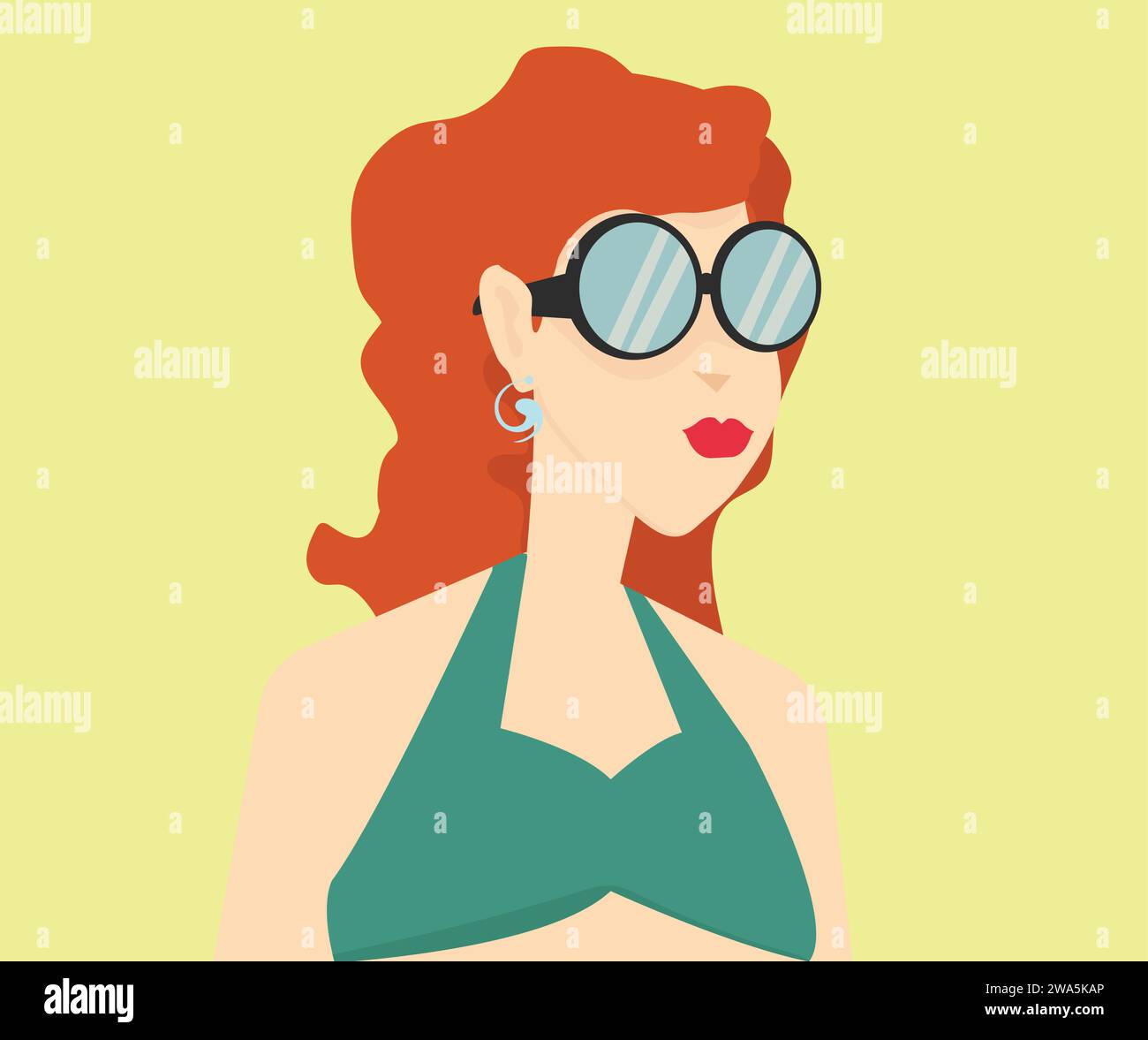 Rothaarige Frau mit Oberteil und Sonnenbrille minimalistisches Konzept Stock Vektor