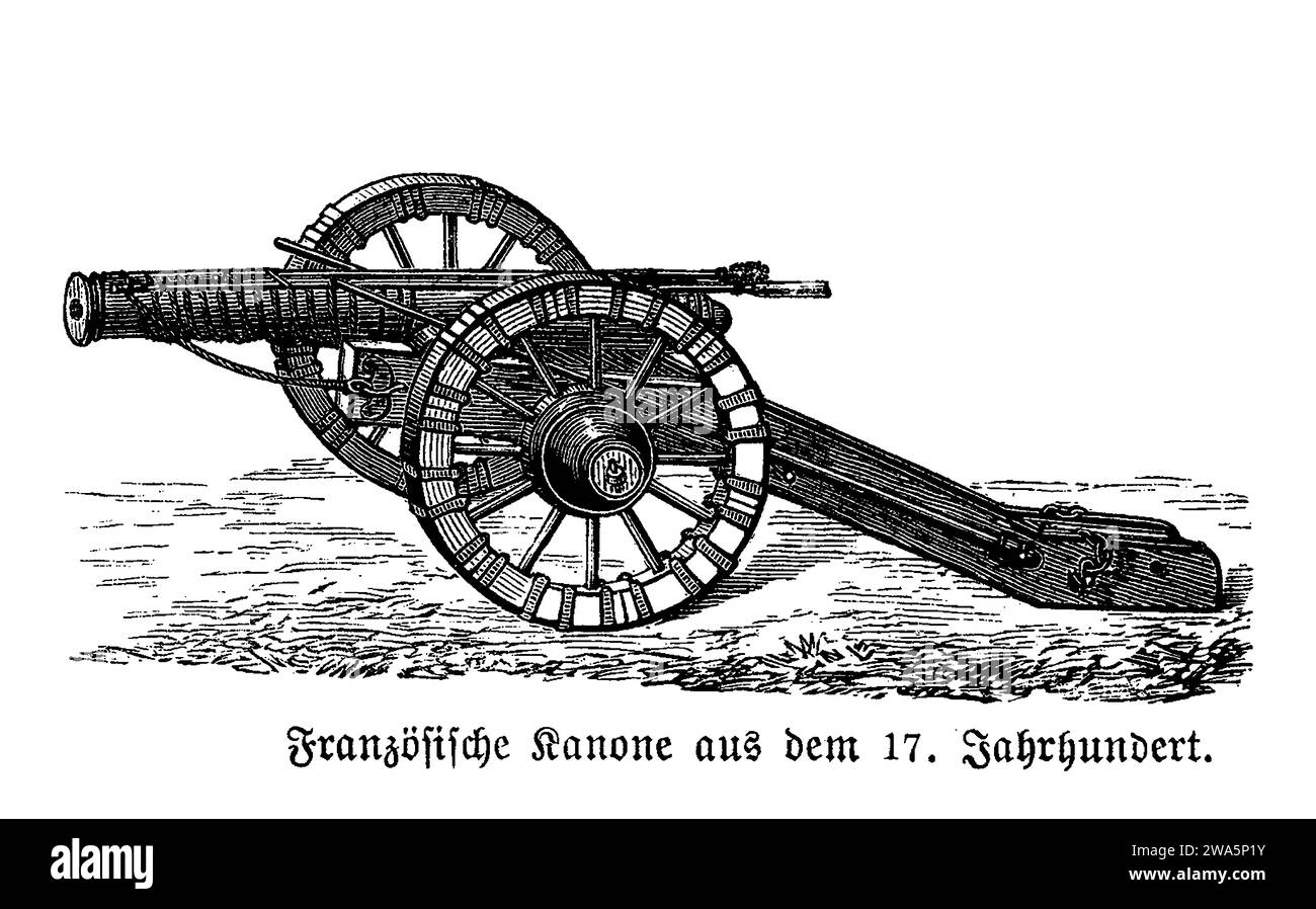 Französische Kanone aus dem 17. Jahrhundert auf zweirädrigem Wagen als Feldartillerie Stockfoto