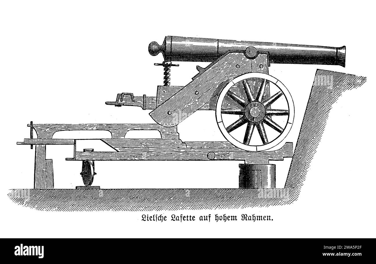 Bayerische montierte Kanone auf hohem Holzrahmen zur Verteidigung der Festung, 19. Jahrhundert Stockfoto
