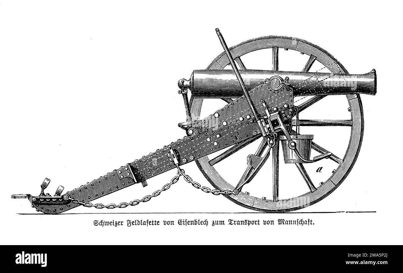 Schweizer Kanone auf Stahlblech für den Transport der menschlichen Besatzung zum Schlachtfeld, 19. Jahrhundert Stockfoto