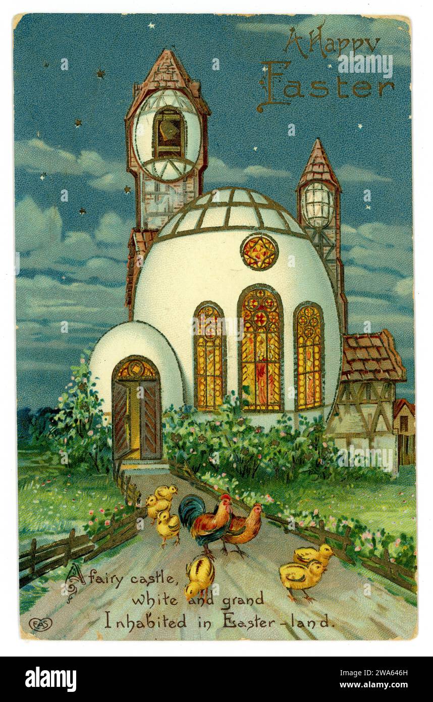 Frühgeprägte Ostergrüßkarte von eiförmigen Kirchen und Küken. Datiert/veröffentlicht 1912, Großbritannien Stockfoto
