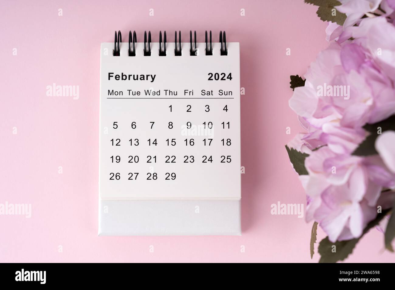 Februar 2024 Tischkalender auf rosa Hintergrund flach gelegt Stockfoto