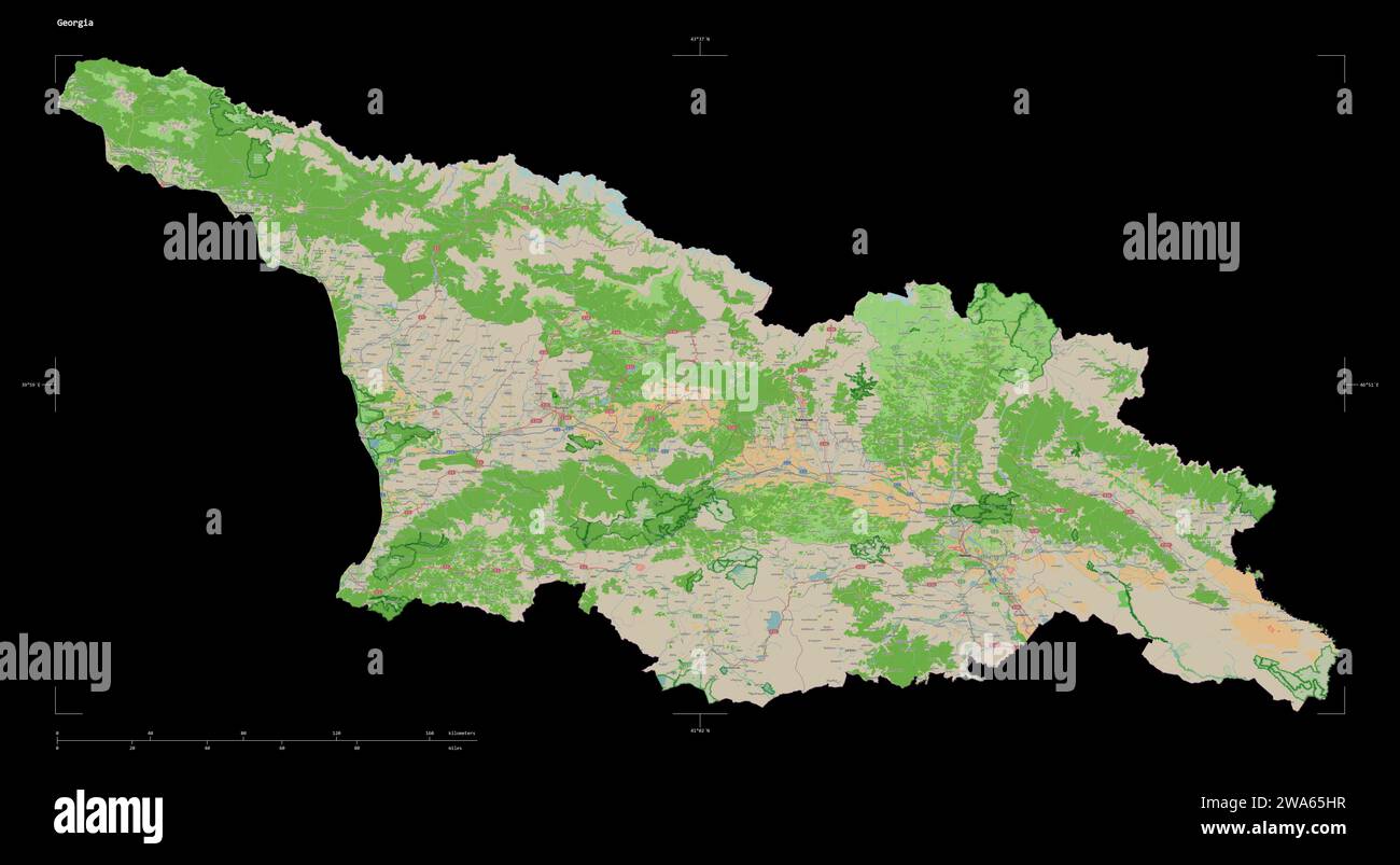 Form einer topografischen Karte im OSM-France-Stil von Georgien mit Entfernungsskala und Kartengrenzkoordinaten, isoliert auf Schwarz Stockfoto