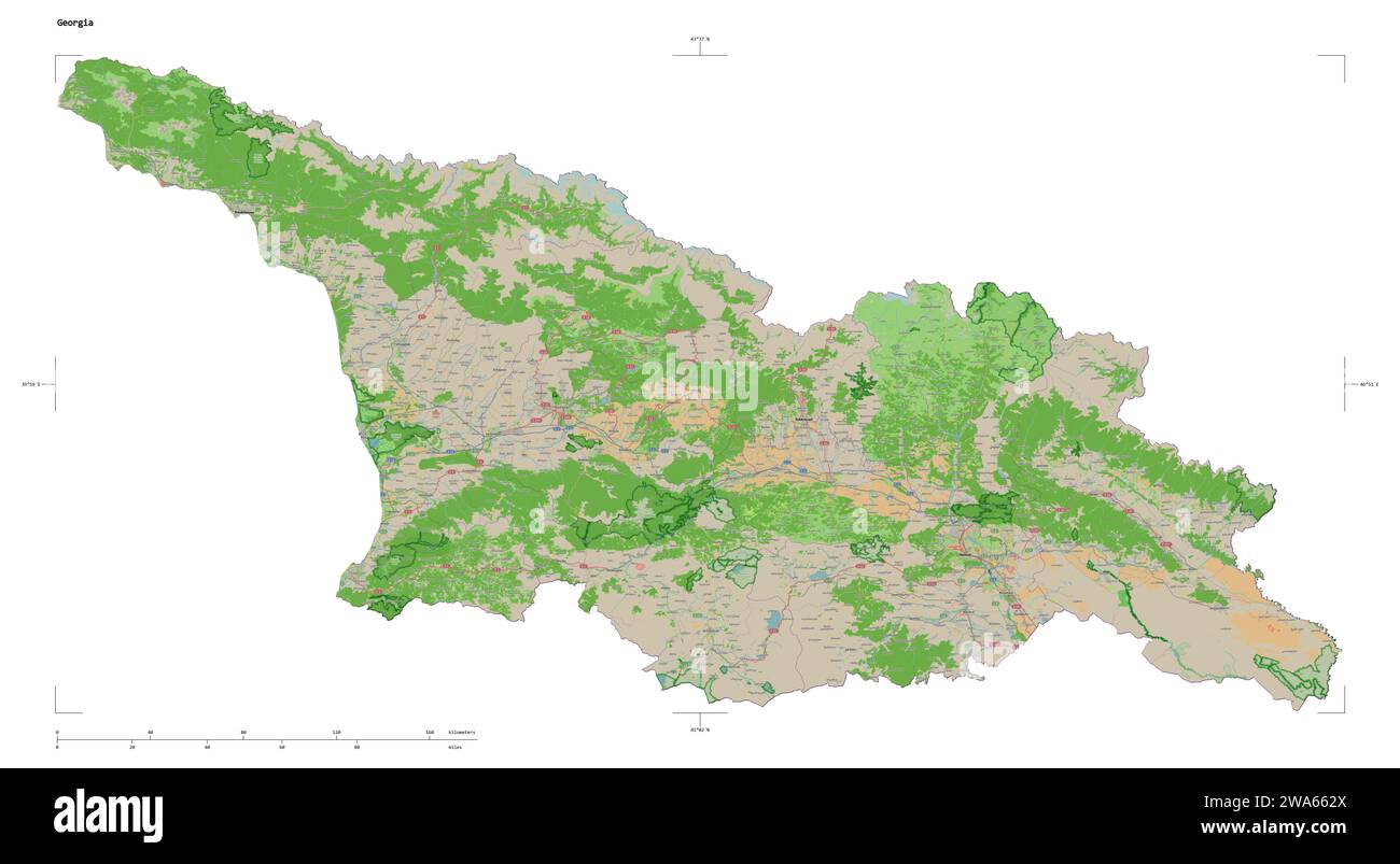 Form einer topografischen Karte im OSM-France-Stil von Georgien mit Entfernungsskala und Kartengrenzkoordinaten, isoliert auf weiß Stockfoto