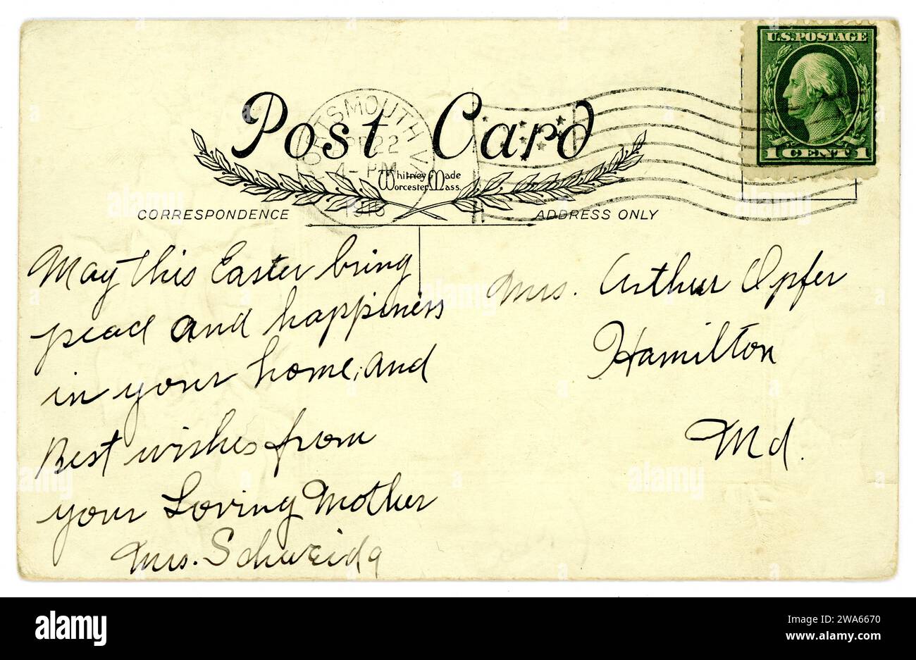 Rückseite der attraktiven Original-amerikanisch geprägten Ostergrüßkarte aus der Zeit des 1. Weltkriegs, gestempelt, ein Cent grüner George Washington Briefmarke, gestempelt / gesendet am 22. April 1916 aus Portsmouth, USA Stockfoto