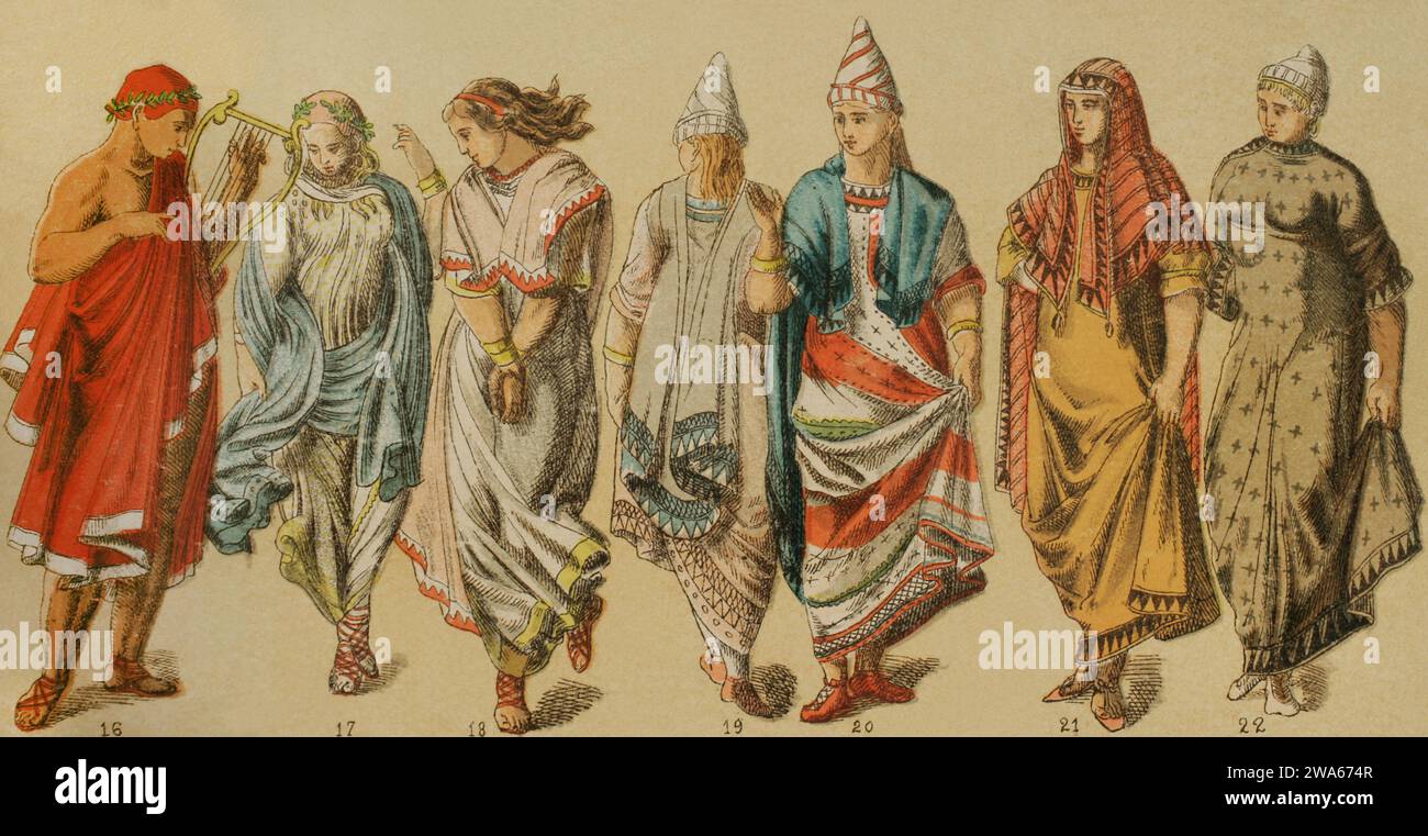 Etrusker. Von links nach rechts: 16 Musiker, 17 und 18 etruskische Tänzerkostüme, 19 und 20 etruskische frauenkleidung, 21 etruskische frauenkleidung mit s Stockfoto