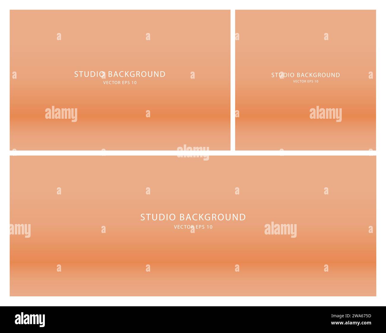 Eine Reihe leerer oranger Studiohintergründe. Eine Sammlung leerer Studioräume für ein Fotoshooting oder eine Präsentation. Stock Vektor