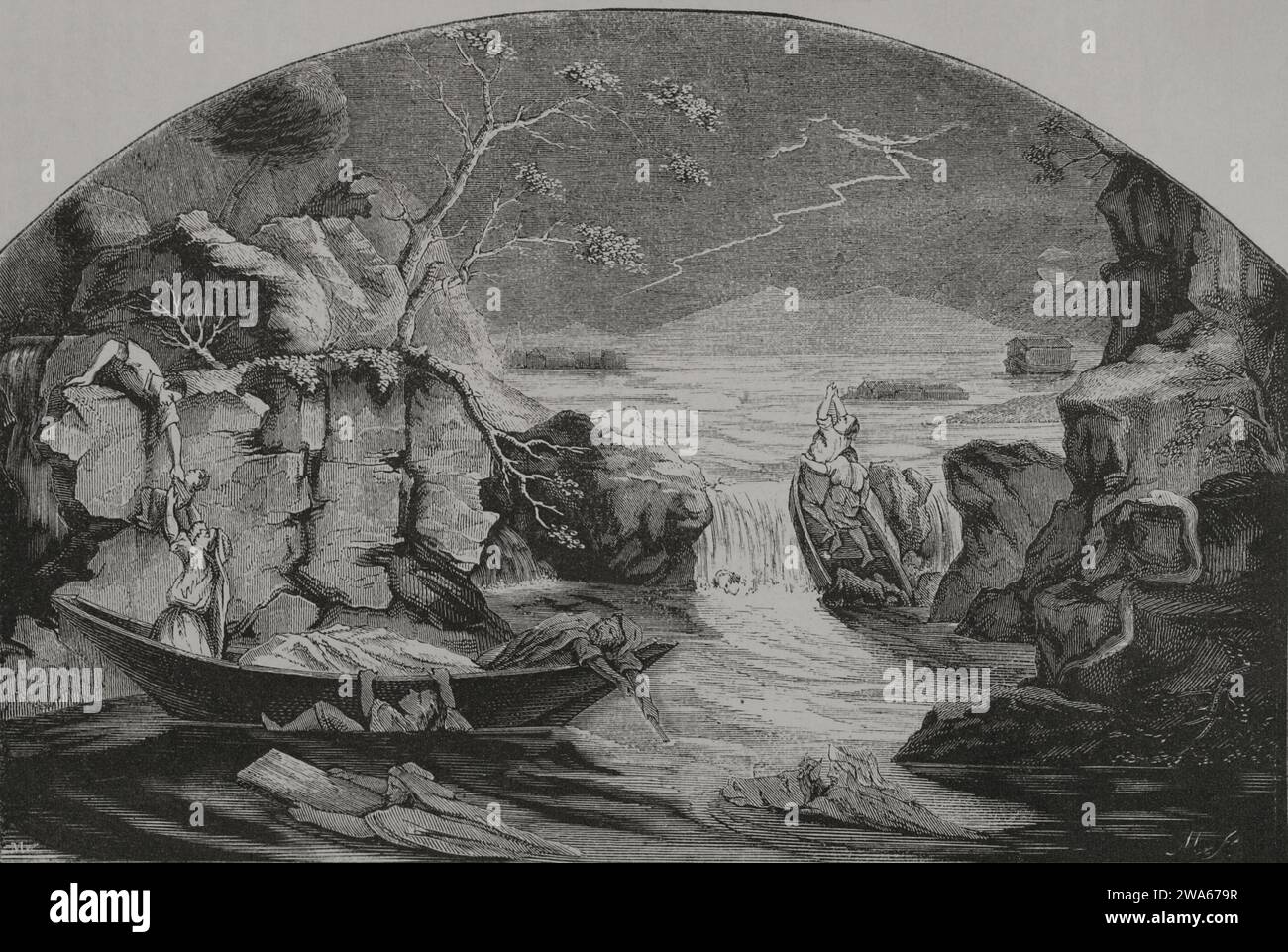 Das Alte Testament. Das Buch der Genesis. Die Flut. Gravur. „Los Heroes y las Grandezas de la Tierra“. Band I. 1854. Stockfoto
