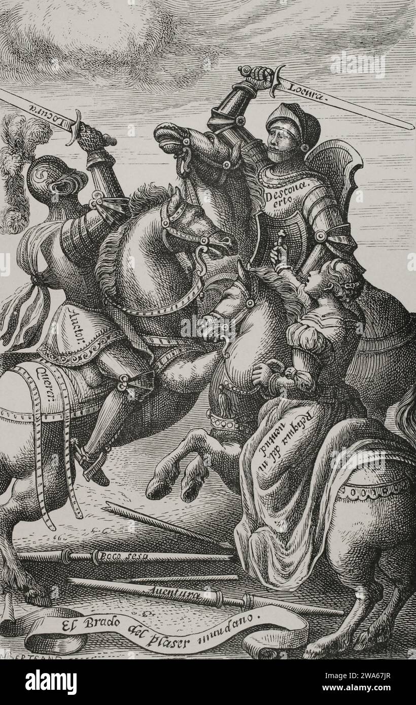 Die Ritterlichkeit, die durch allegorische Charaktere dargestellt wird. Faksimile von Huyot von einem Kupferstich aus „Le Chevalier delibere“ in seiner spanischen Fassung, übersetzt von Hernando de Acuna und veröffentlicht 1553; Originalwerk des burgundischen Oliver de la Marche, veröffentlicht 1488. "Vie Militaire et Religieuse au Moyen Age et a l'Epoque de la Renaissance". Paris, 1877. Stockfoto