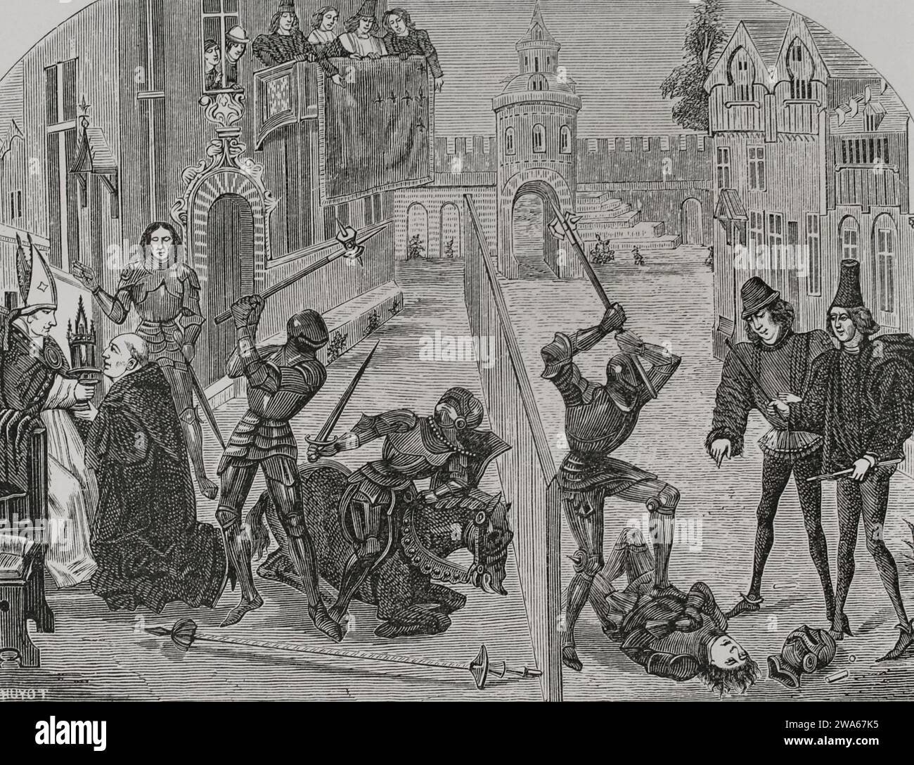 Da die Kleriker nicht kämpfen durften, verteidigte Raimbaut de Moreuil die Sache des Abtes von Saint-Denis in einem Einzelkampf mit Guyon de Losenne. Der Abt von Saint-Denis, der vor dem Bischof von Paris kniet, legt einen Eid ab und bestätigt, dass seine Sache, die Raimbaut verteidigt, gerecht ist. Stich von Huyot nach einer Miniatur aus dem 15. Jahrhundert. "Vie Militaire et Religieuse au Moyen Age et a l'Epoque de la Renaissance". Paris, 1877. Stockfoto