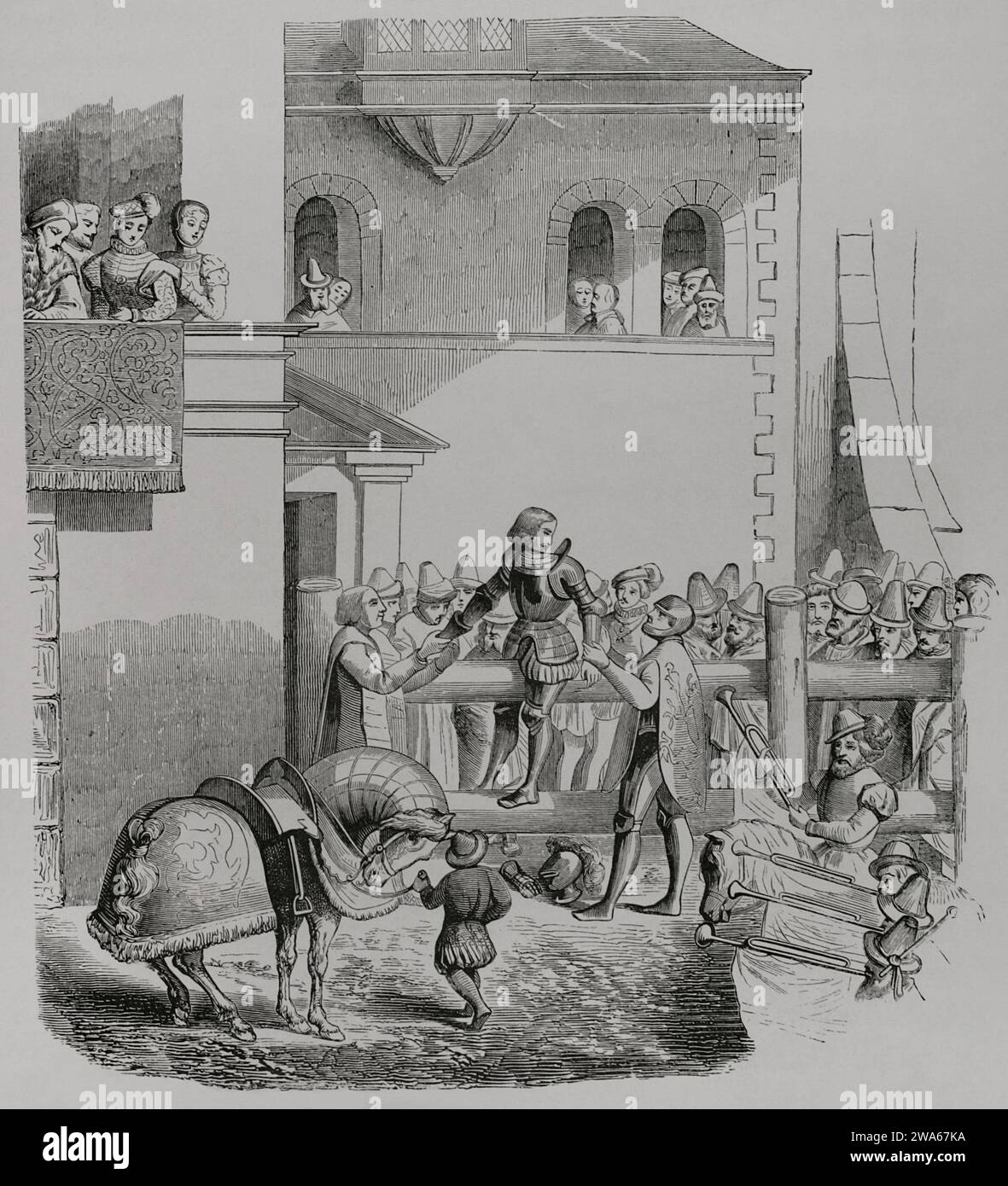 Die Erniedrigung eines Ritters. Stich aus dem 19. Jahrhundert nach einem Holzschnitt, der Jost Amman 1565 zugeschrieben wurde. "Vie Militaire et Religieuse au Moyen Age et a L'Epoque de la Renaissance". Paris, 1877. Stockfoto