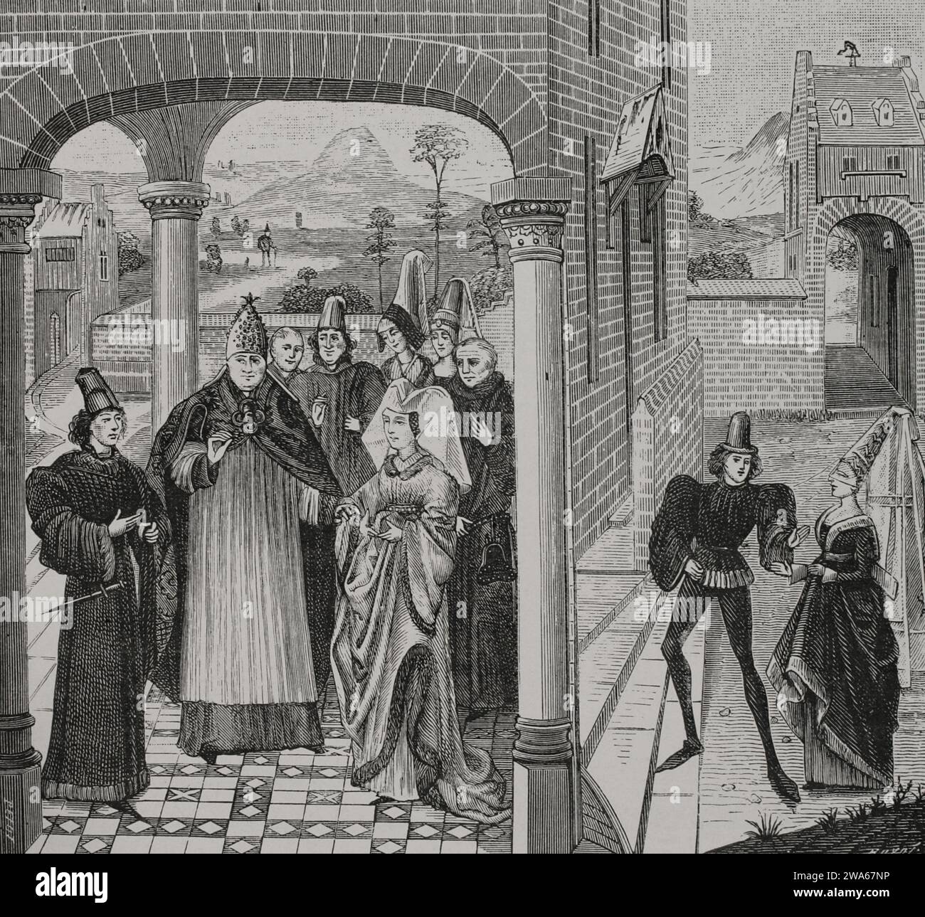 Vertrag von Arras. Abgeschlossen im Oktober 1191 durch die Internierung von William de Champagne (Guillaume de Champagne), Erzbischof von Reims, zwischen Balduin V., Graf von Hennegau, und Matilda von Portugal (1151–1218), Witwe von Philipp von Elsaß, Graf von Flandern. Sie einigten sich auf das Erbe der Grafschaft Flandern. Kupferstich von Huyot nach einer Miniatur in Chroniques de Hainaut, 1446-1448. "Vie Militaire et Religieuse au Moyen Age et a l'Epoque de la Renaissance". Paris, 1877. Stockfoto