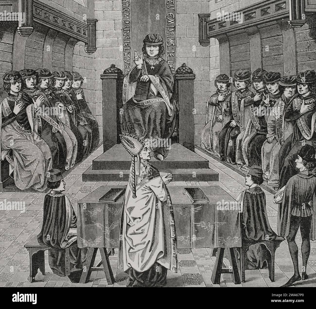 Kapitel des Ordens vom Goldenen Vlies von Karl dem Kühnen (1433–1477). Kupferstich von C. Maradan und Huyot nach einer Miniatur aus dem 15. Jahrhundert. "Vie Militaire et Religieuse au Moyen Age et a l'Epoque de la Renaissance". Paris, 1877. Stockfoto