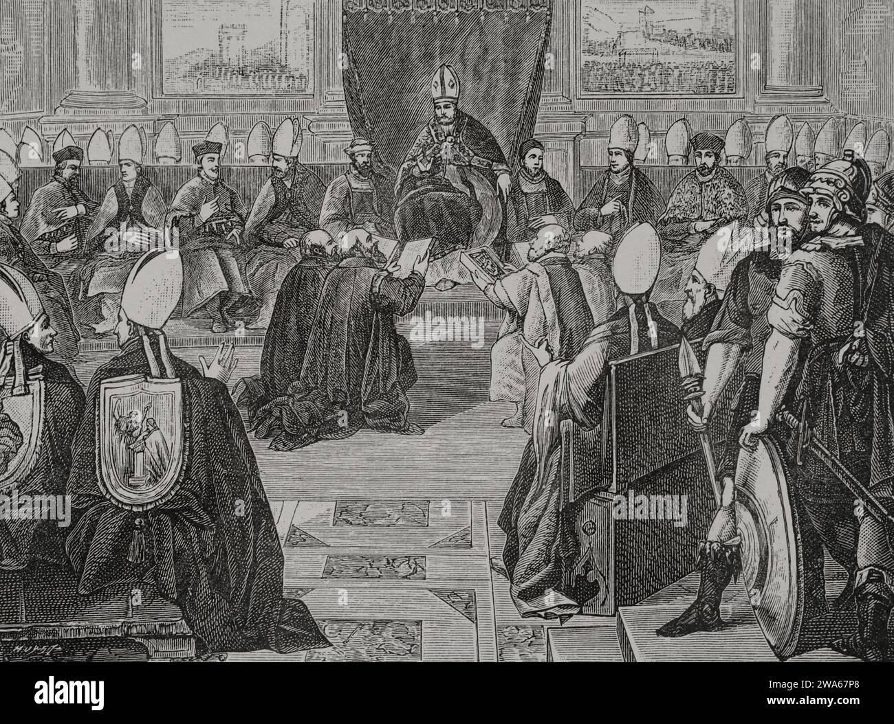 Rat von Vienne. Ökumenisches Konzil der Katholischen Kirche in Vienne (Frankreich), in der Kathedrale von St. Maurice (Oktober 1311 bis Mai 1312). Sie wurde von Papst Clemens V. (1264–1314) einberufen. Eine der Resolutionen des konzils war die Unterdrückung des Tempelordens durch die päpstliche Bulle am 22. März 1312. Stich von Huyot nach einem Fresko, das in der Vatikanischen Bibliothek auf Befehl von Papst Pius V. „Vie Militaire et Religieuse aux Moyen Age et a l’Epoque de la Renaissance“ ausgeführt wurde. Paris, 1877. Stockfoto
