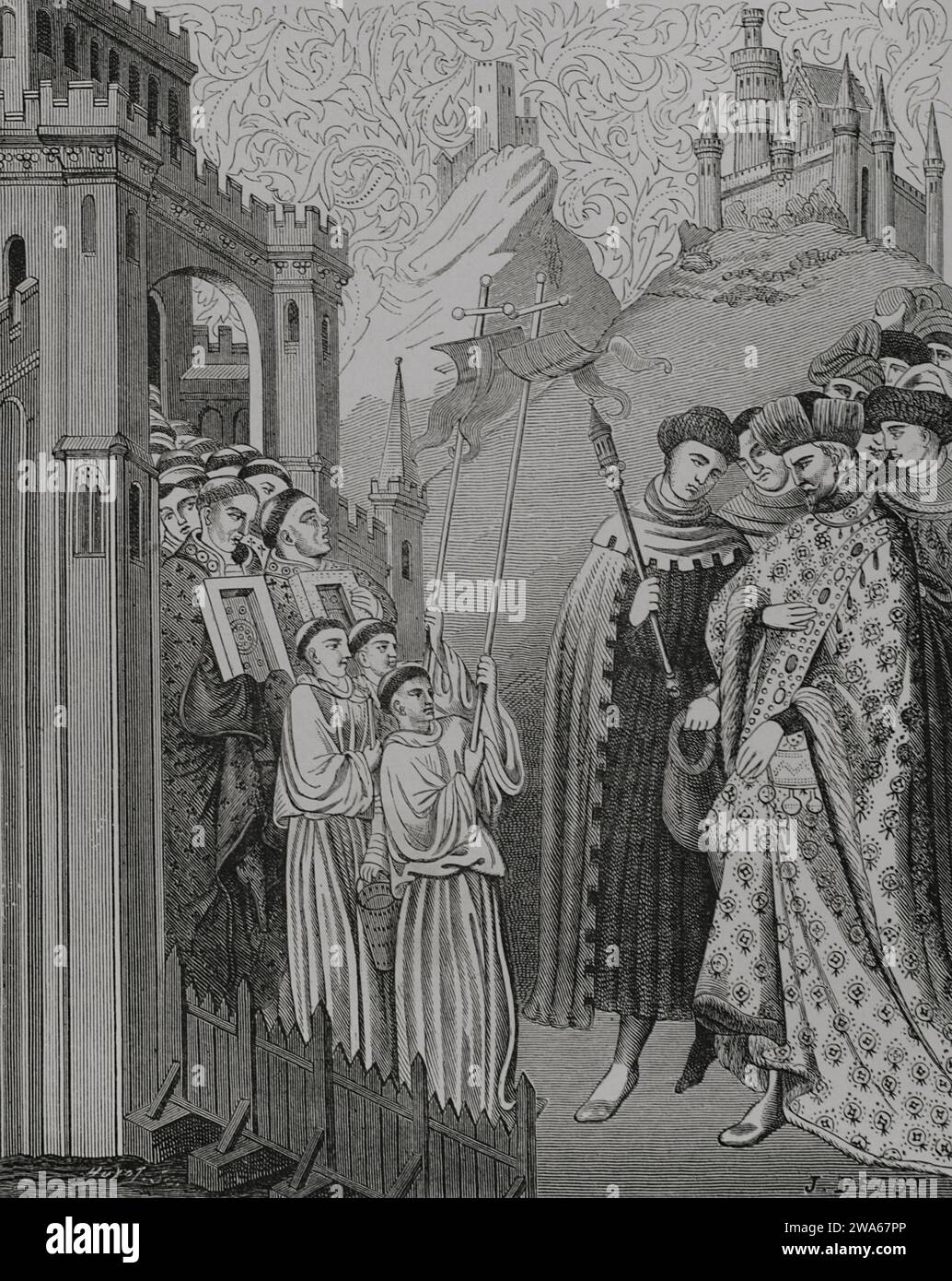 Der Klerus kommt feierlich mit dem Kreuz und heiligen Bildern vor einem Herrn vor die Tür einer Kirche oder eines Klosters. Faksimile von Huyot und J. Petot nach einer Illustration aus dem 14. Jahrhundert. "Vie Militaire et Religieuse au Moyen Age et a l'Epoque de la Renaissance". Paris, 1877. Stockfoto