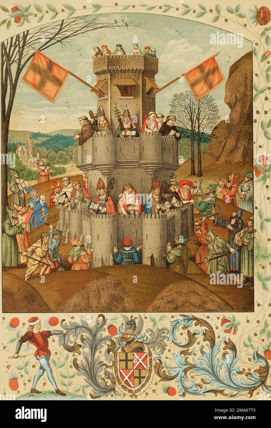 Darstellung der katholischen Kirche als Festung des Glaubens. Die verteidigenden Kräfte des christlichen Glaubens. Sie wird von den Gottlosen und Häretikern belagert und vom Papst, den Bischöfen, den Mönchen und den Kirchenlehrern verteidigt, die Ritter des Glaubens sind. Darunter das Wappen von Louis de Brügge (Louis de Gruuthuse), flämischer Höfling und Adliger (ca. 1427–1492). Chromolithographie aus einer Miniatur des 15. Jahrhunderts. "Vie Militaire et Religieuse au Moyen Age et a l'Epoque de la Renaissance". Paris, 1877. Stockfoto