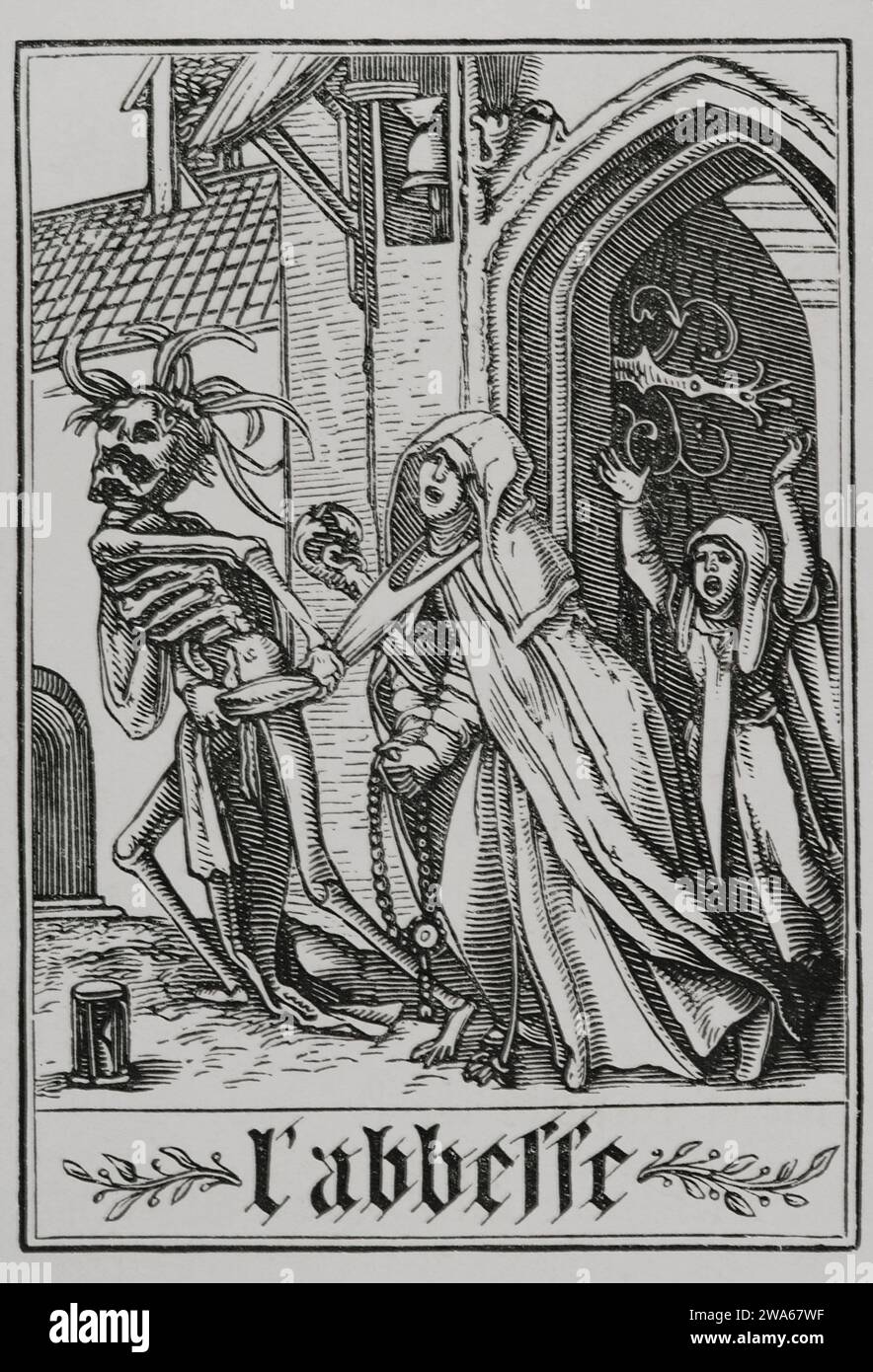 Die Äbtissin besuchte den Tod. Faksimile eines Stiches aus der Serie „der Tanz des Todes“ von Hans Holbein dem Jüngeren in „Les Simulachres et Histoires facees de la Mort“, 1538. "Vie Militaire et Religieuse au Moyen Age et a l'Epoque de la Renaissance". Paris, 1877. Stockfoto