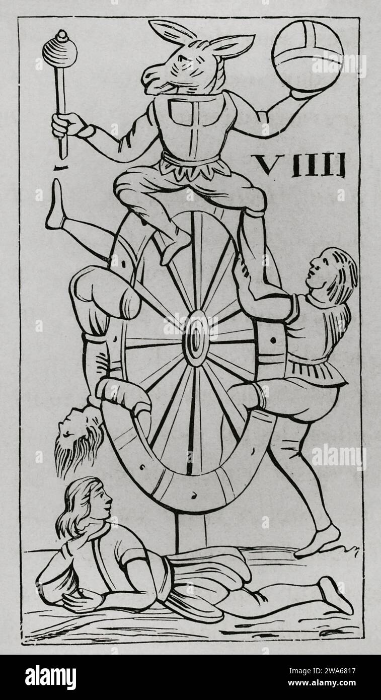 Karte vom Florentiner Minchiatendeck. Glücksrad. Gravur. Les Arts au Moyen Age et a l'Epoque de la Renaissance, von Paul Lacroix. Paris, 1877. Stockfoto