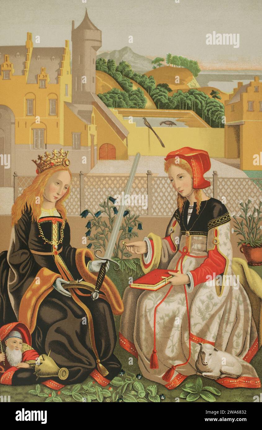 Heilige Katharina von Alexandria (287-305) und Heilige Agnes von Rom (ca. 291-ca. L 331 vom 15.12.2010 304 Chromolithographie von Franz Kellerhoven nach einem Porträt von Marguerite Van Eyck. "Les Arts au Moyen Age et a l'Epoque de la Renaissance" von Paul Lacroix. Paris, 1877. Stockfoto