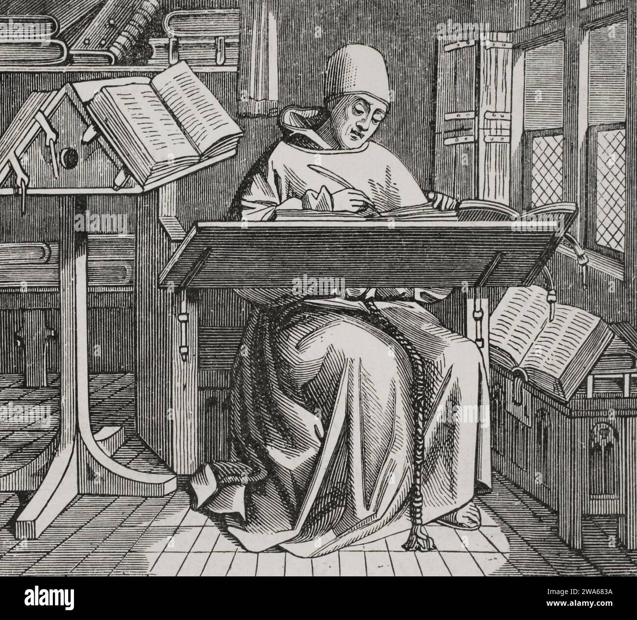 Schriftsteller oder Copyist, umgeben von offenen Büchern, arbeiten an seinem Schreibtisch. Gravur aus dem 15. Jahrhundert. "Les Arts au Moyen Age et a l'Epoque de la Renaissance" von Paul Lacroix. Paris, 1877. Stockfoto